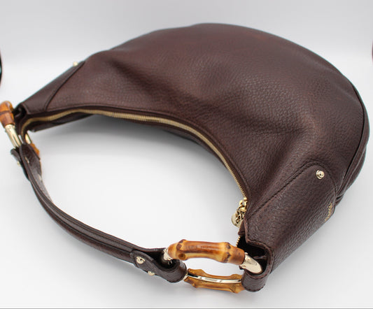Gucci Pebbled Calfskin Half Moon Bamboo Ring Hobo Dark Brown