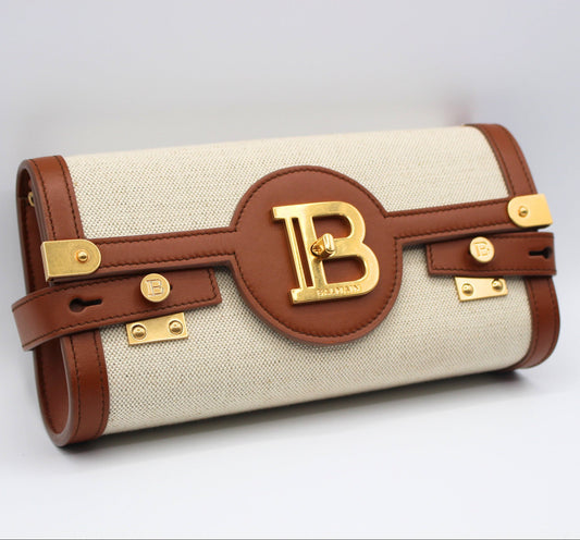 Balmain B-Buzz 23 leather and canvas clutch bag