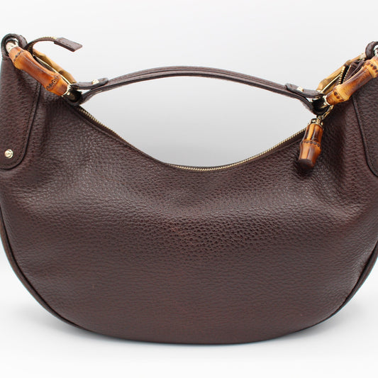 Gucci Pebbled Calfskin Half Moon Bamboo Ring Hobo Dark Brown