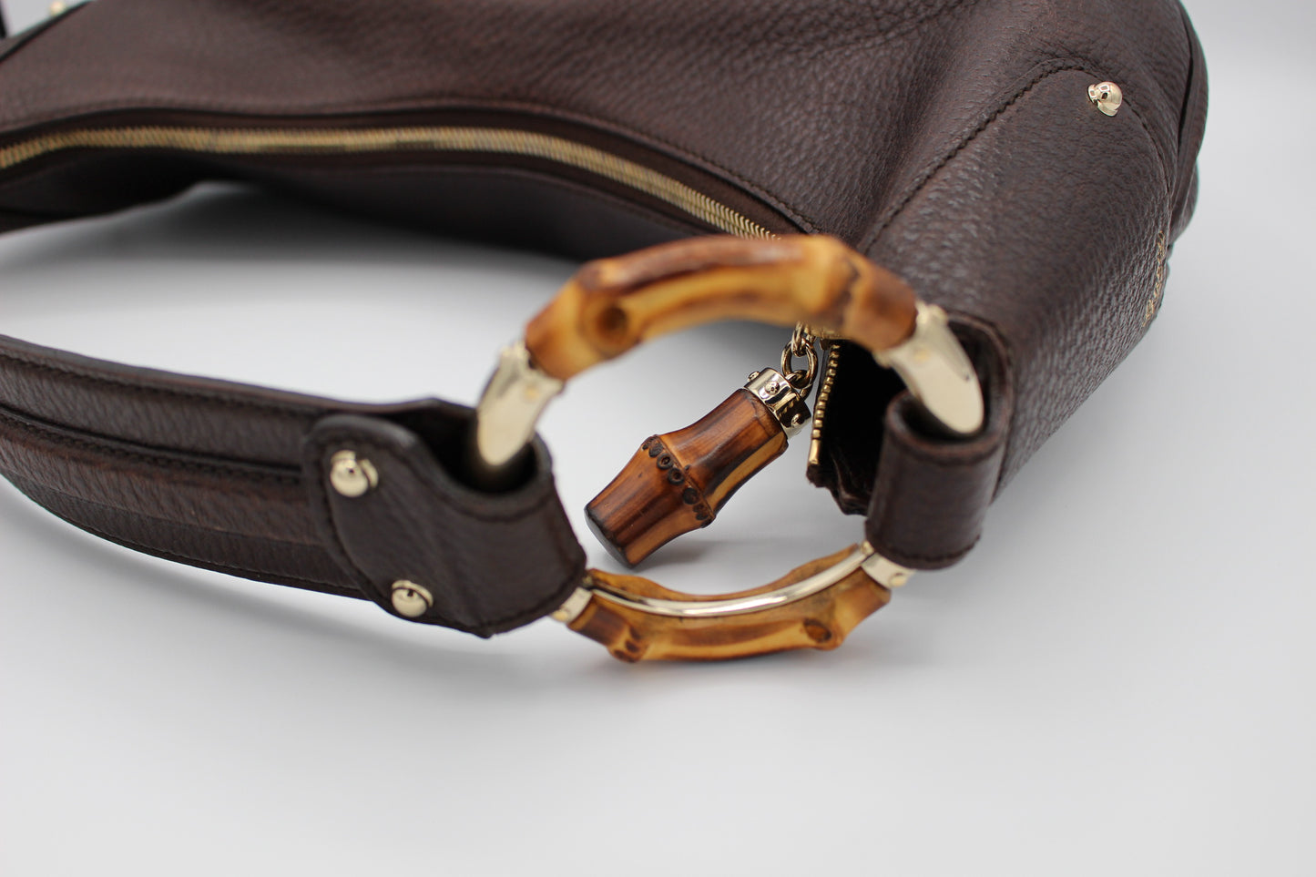 Gucci Pebbled Calfskin Half Moon Bamboo Ring Hobo Dark Brown